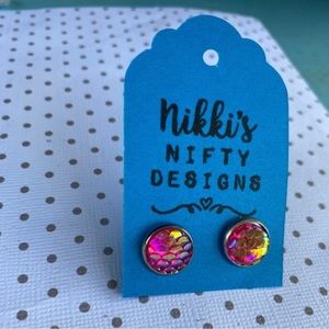 Pink mermaid scale hypoallergenic stud earrings
